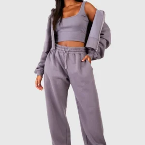 Deep Hem Crop Top 3 Piece Hooded Tracksuit