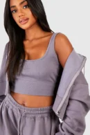Deep Hem Crop Top 3 Piece Hooded Tracksuit