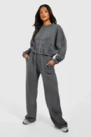 Acid Wash Seam Detail Crop Zip Through Bomber Tracksuit