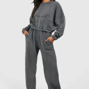 Acid Wash Seam Detail Crop Zip Through Bomber Tracksuit