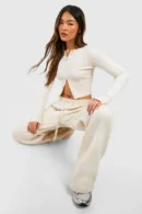 Double Zip Long Sleeve Rib Top & Straight Leg Jogger Set