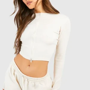 Double Zip Long Sleeve Rib Top & Straight Leg Jogger Set