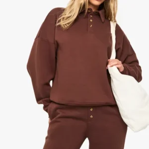Button Detail Collared Sweatshirt & Straight Leg Jogger Set